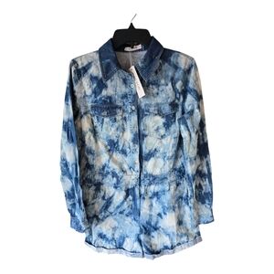 Mebon Machine Chambray Romper Jumpsuit Women L Blue Denim LongSleeve Tye Dye